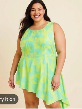 Lane Bryant Lime & Aqua Sleeveless Asymmetric Peplum Top